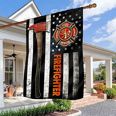 Alternative view of Firefighter American Flag Thin Red Line With Axe Garden Flag - Fireman House Flag - Wall Flag