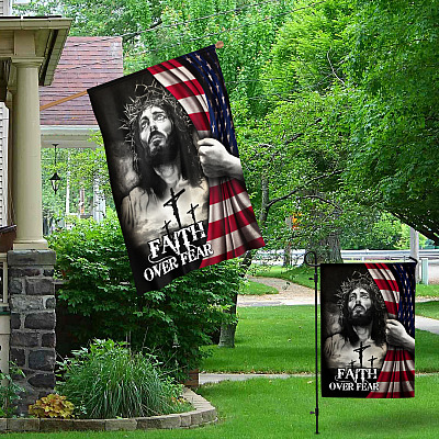 Alternative view of Faith Over Fear Jesus Christian Cross American Flag Outdoor Decorative Garden Flag - House Flag