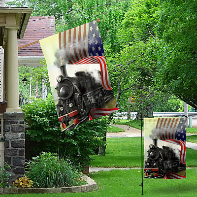 Alternative view of Train American Flag Vintage Decor 4th of July Decorations Outdoor - Outdoor Decorative Garden Flag - House Flag