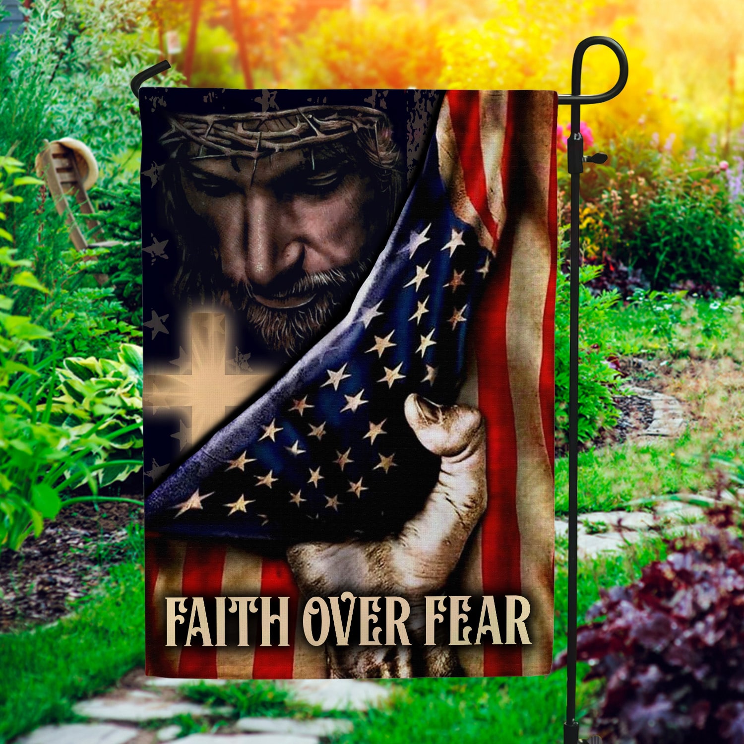 2HP. Faith Over Fear FLAG (5) Garden Flag Mockup 1