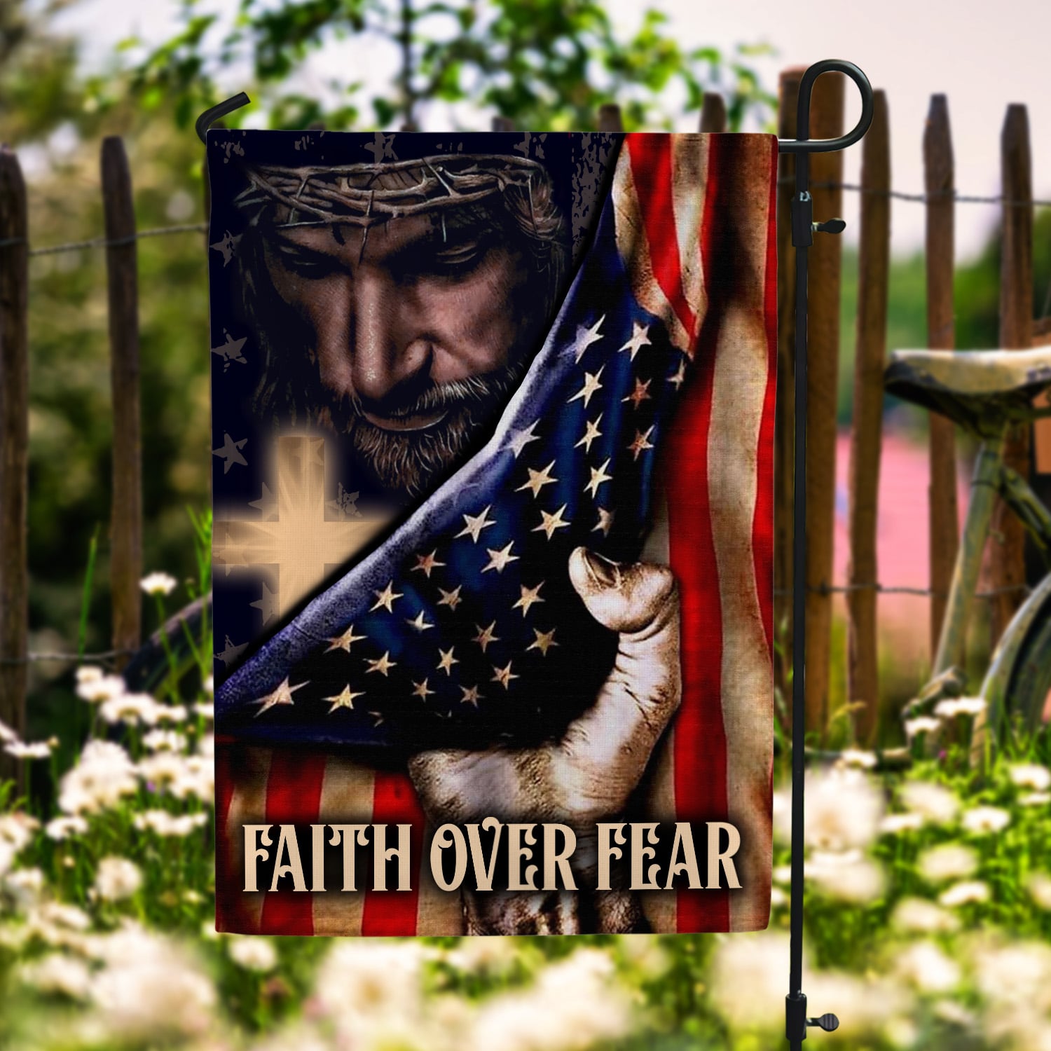 2HP. Faith Over Fear FLAG (5) Garden Flag Mockup 6