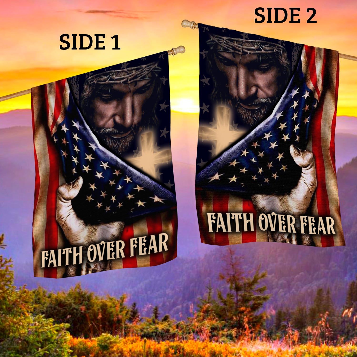 2HP. Faith Over Fear FLAG House Flag Mockup 2 Side