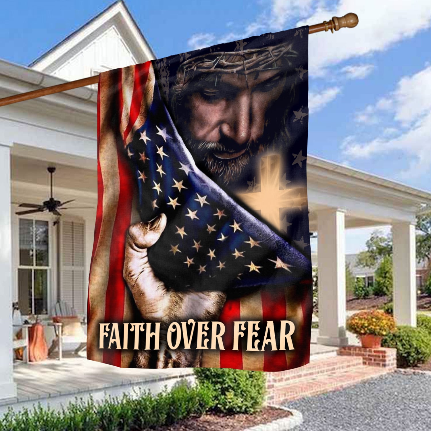 2HP. Faith Over Fear FLAG House Flag Mockup 3