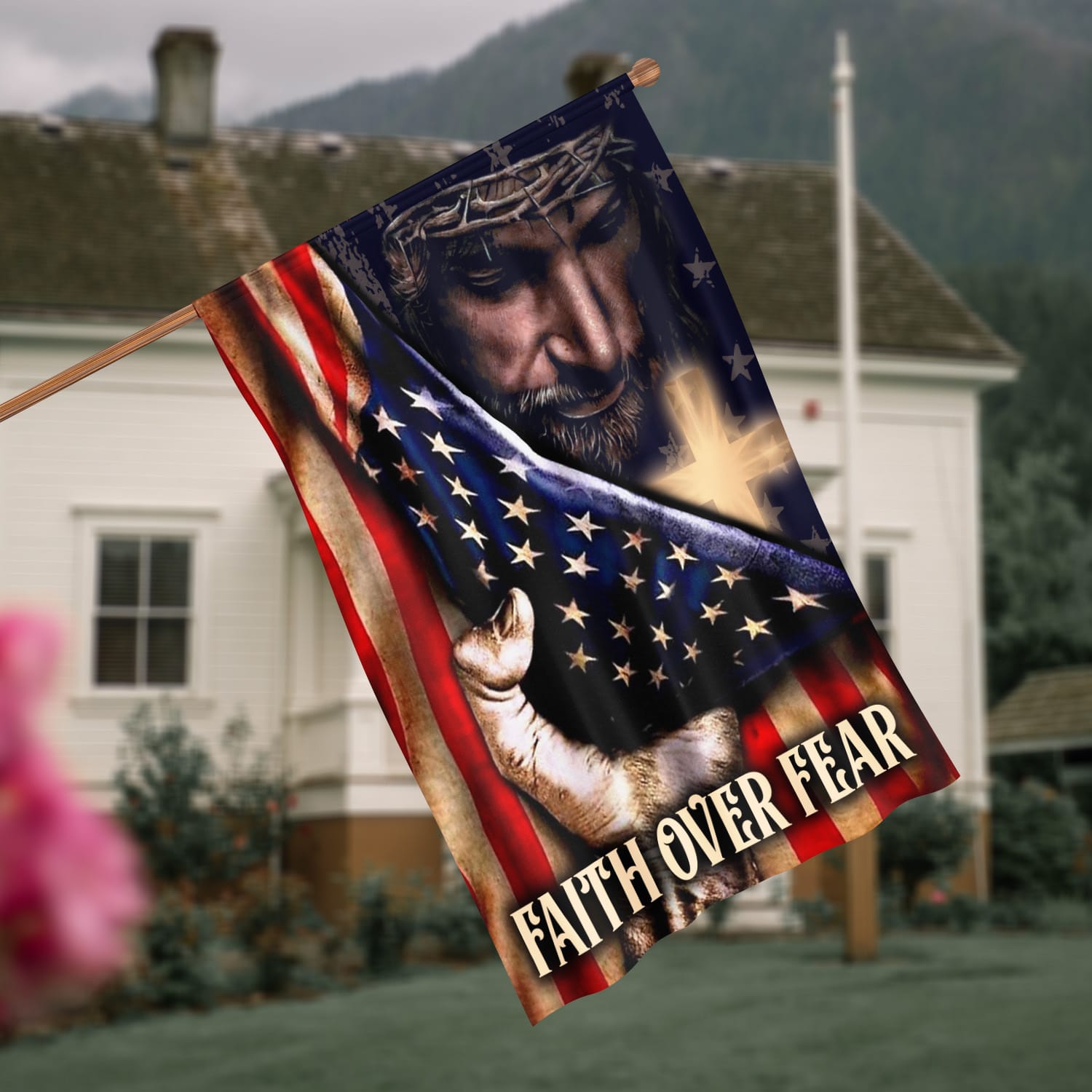 2HP. Faith Over Fear FLAG House Flag Mockup 4