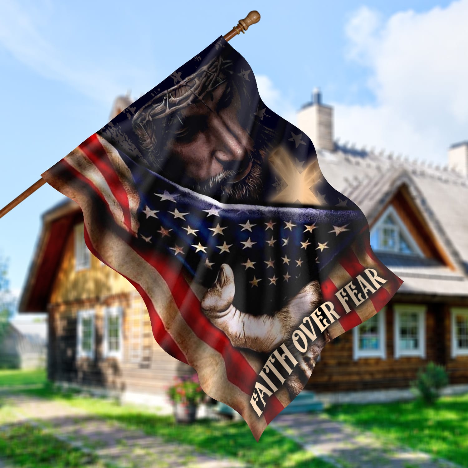 2HP. Faith Over Fear FLAG House Flag Mockup 5