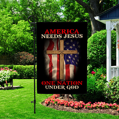 Alternative view of American Needs Jesus One Nation Under God Garden Flag - Jesus Christian Cross House Flag - Faith Flag