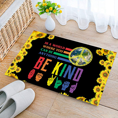 In A World Where You Can Be Anything Be Kind Hand Sign Indoor Doormat - Hippie Peace Outdoor Doormat