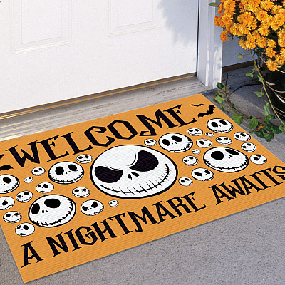 Alternative view of Nightmare Jack Skellington Welcome a Nightmare Awaits Halloween Doormat - Funny Halloween Indoor Outdoor Doormat