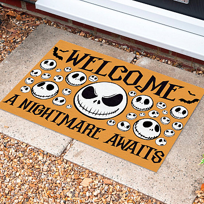 Nightmare Jack Skellington Welcome a Nightmare Awaits Halloween Doormat - Funny Halloween Indoor Outdoor Doormat