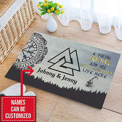 Personalized A Viking King And His Shieldmaiden Live Here Doormat - Outdoor Indoor Doormat
