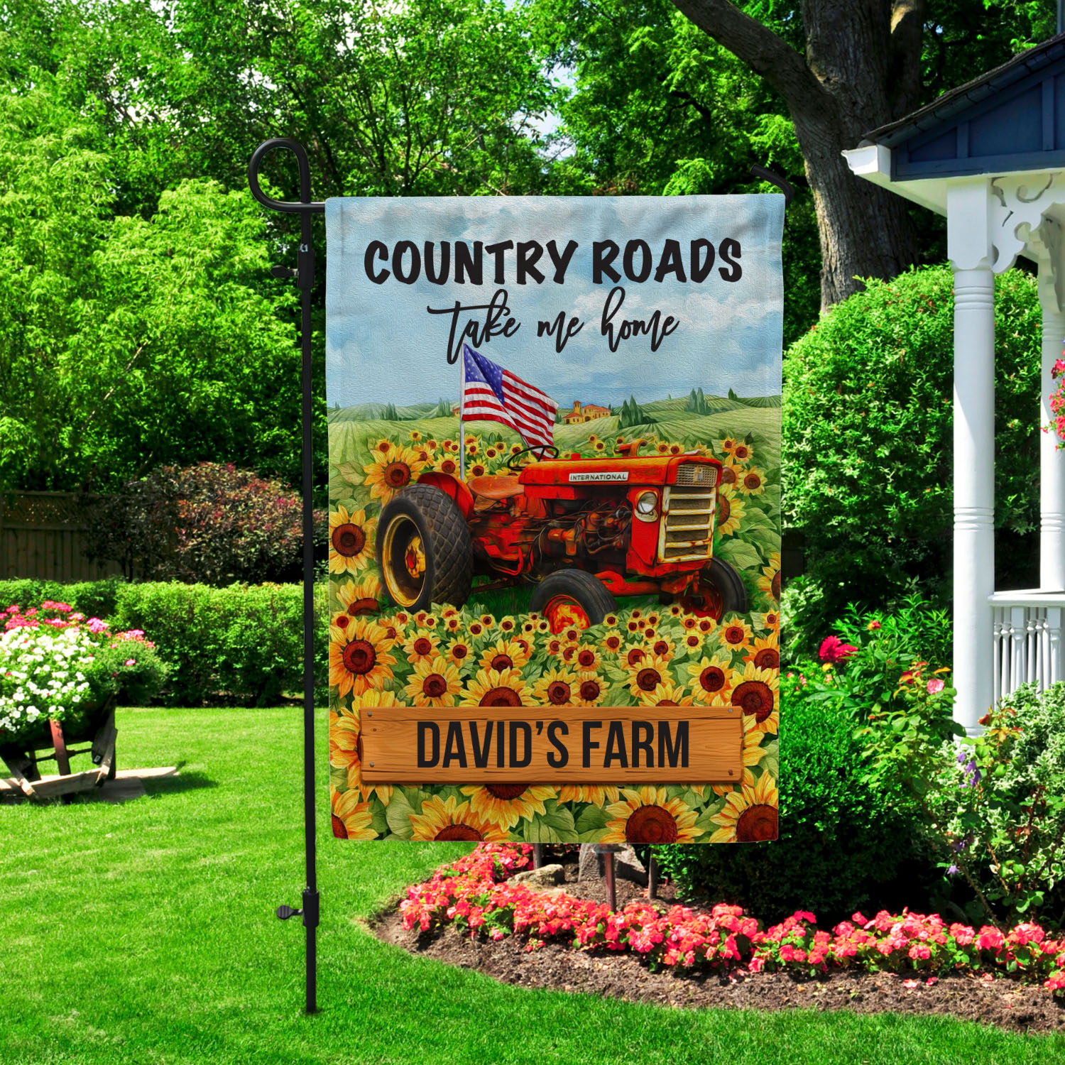 3VT. Country Roads Take Me Home sample design Garden Flag Mockup 2