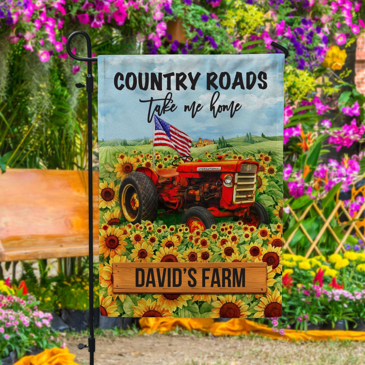 3VT. Country Roads Take Me Home sample design Garden Flag Mockup 4