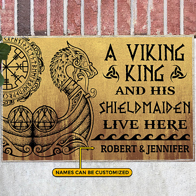 Personalized a Viking King and His Shieldmaiden Live Here Doormat - Vintage Viking Outdoor Doormat