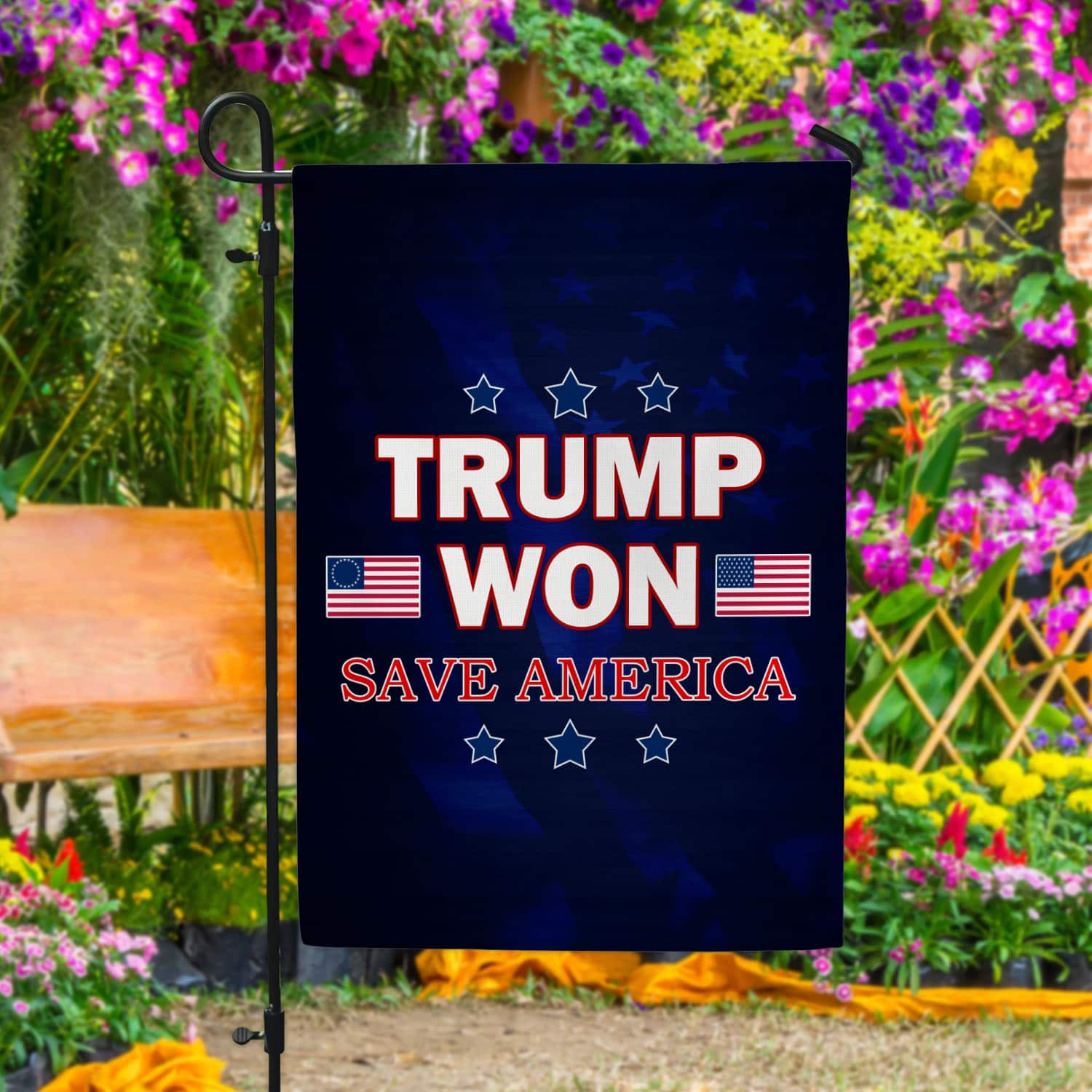 22 HG UU TIEN. Trump Won Save America Garden Flag Mockup 4