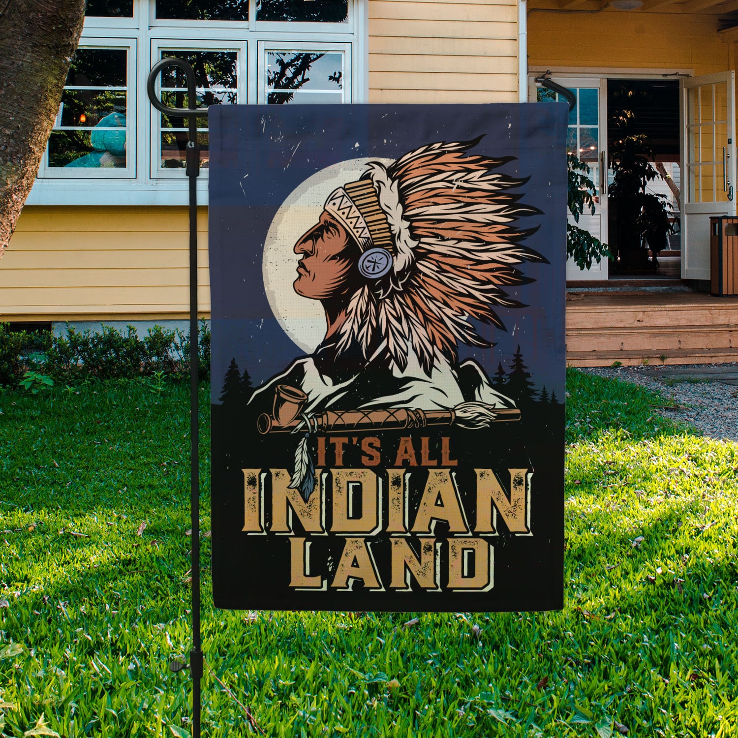 64 HG. It's All Indian Land(6) Garden Flag Mockup 3