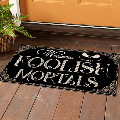 Alternative view of Funny Halloween Skeleton Welcome Foolish Mortals Doormat - Indoor Outdoor Doormat