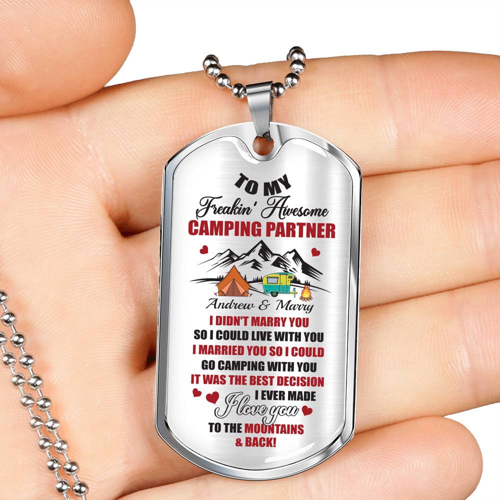 Personalized Camping Lovers Gift I Love You to the Mountains and Back Dog Tag Pendant Necklace