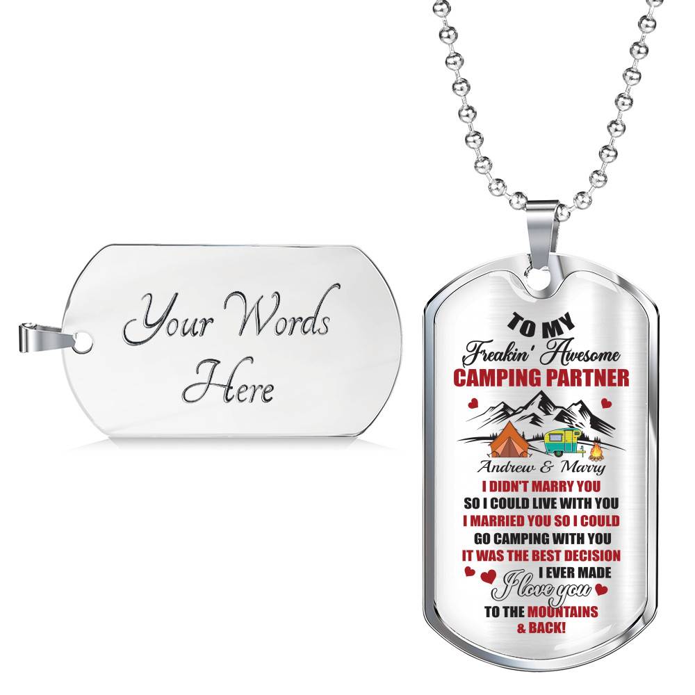 Personalized Camping Lovers Gift I Love You to the Mountains and Back Dog Tag Pendant Necklace