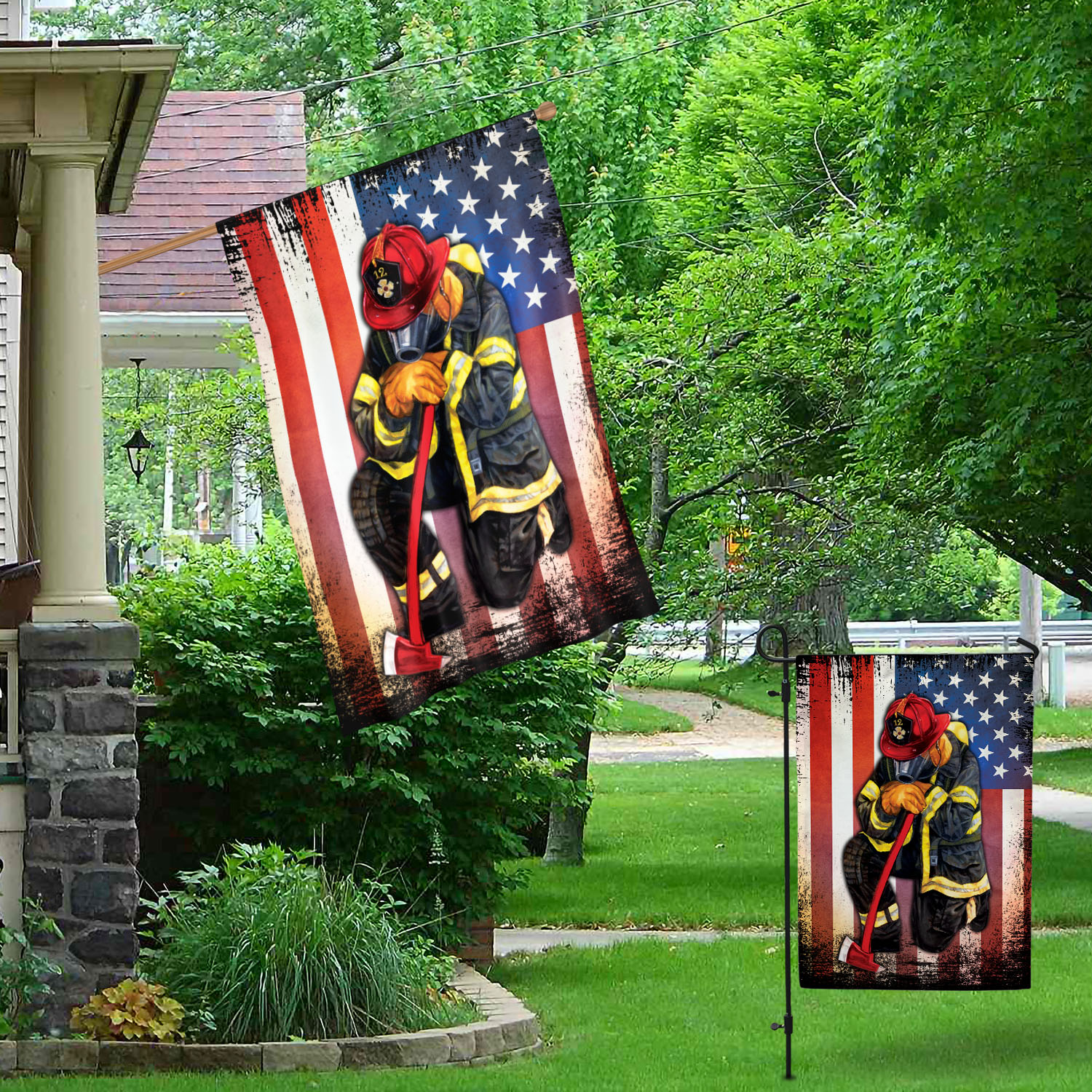 1UT. Proud Firefighter (Flag - Side 1) Garden & House Mockup 1