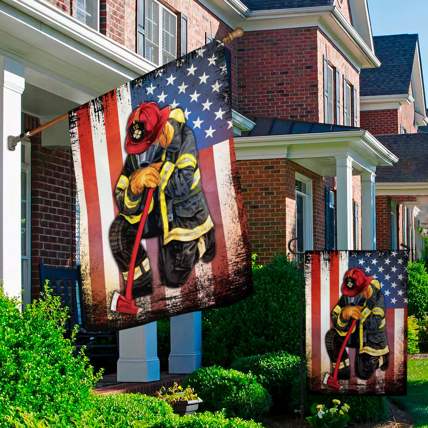 1UT. Proud Firefighter (Flag - Side 1) Garden & House Mockup 2