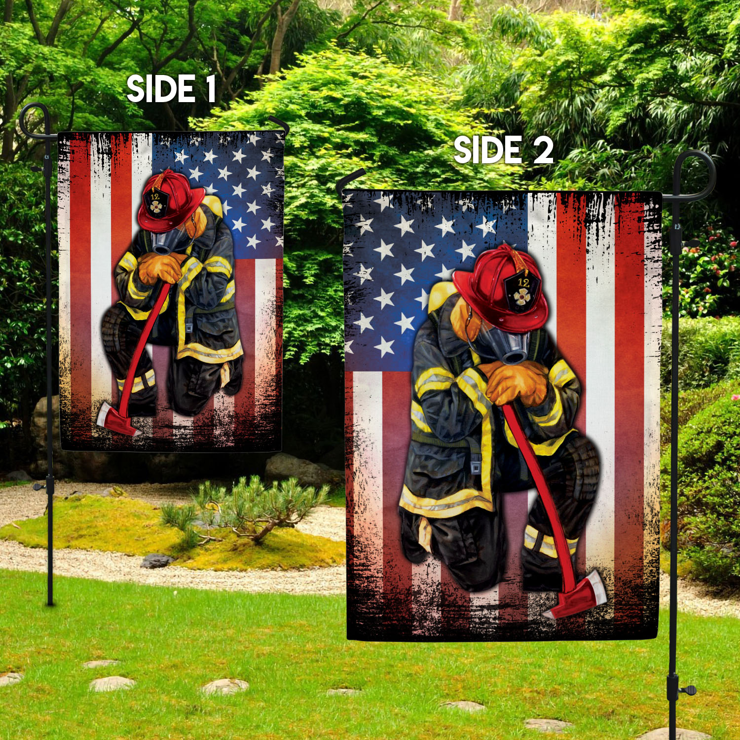 1UT. Proud Firefighter (Flag - Side 1) Garden Flag Mockup 2 Side