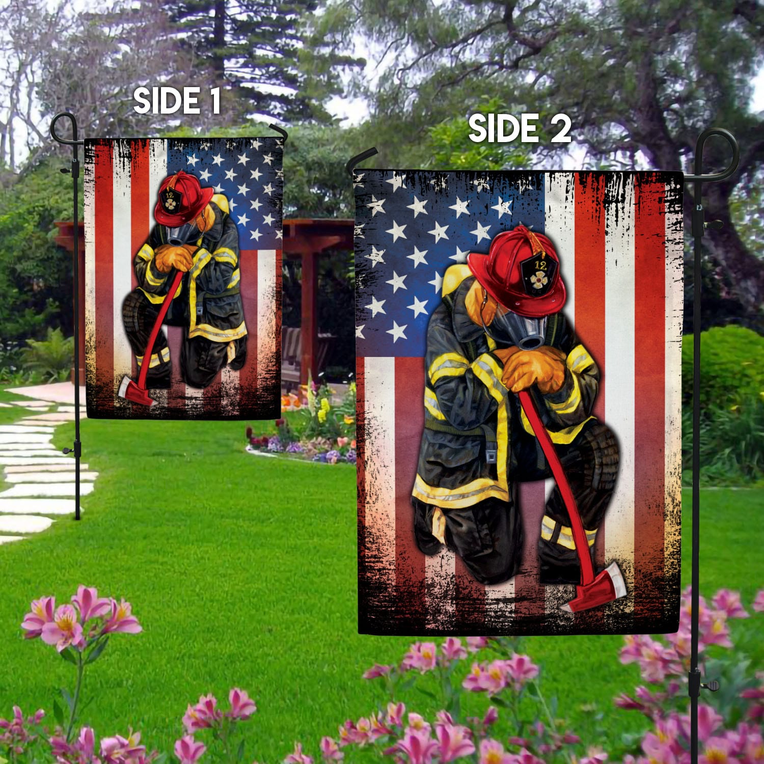 1UT. Proud Firefighter (Flag - Side 1) Garden Flag Mockup 2 Side-1