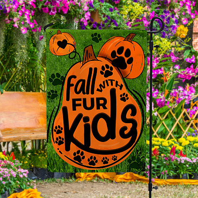 Alternative view of Fall with Fur Kids Decorative Garden Flag - Funny Fall Outdoor Flag
