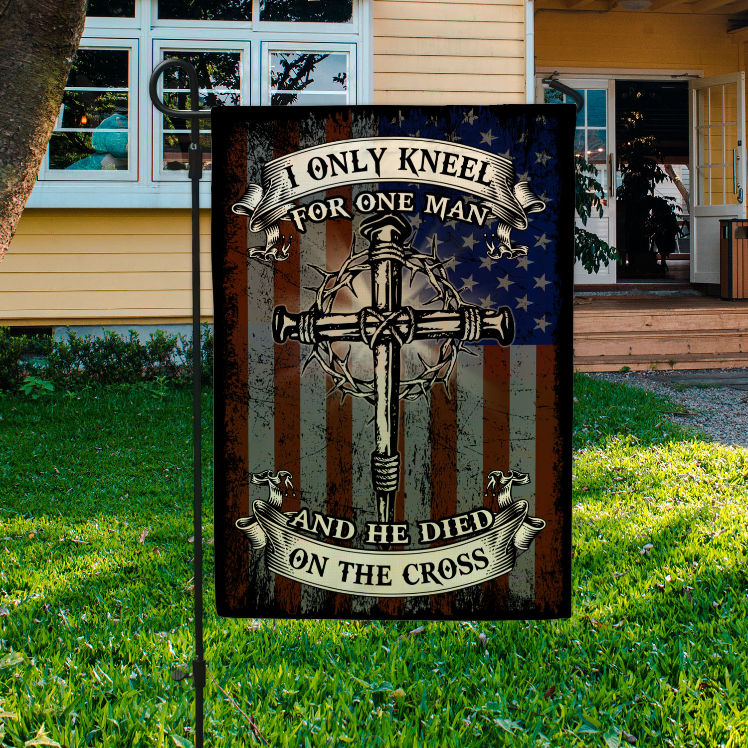 3VT. Only Kneel For One Man Garden Flag Mockup 3