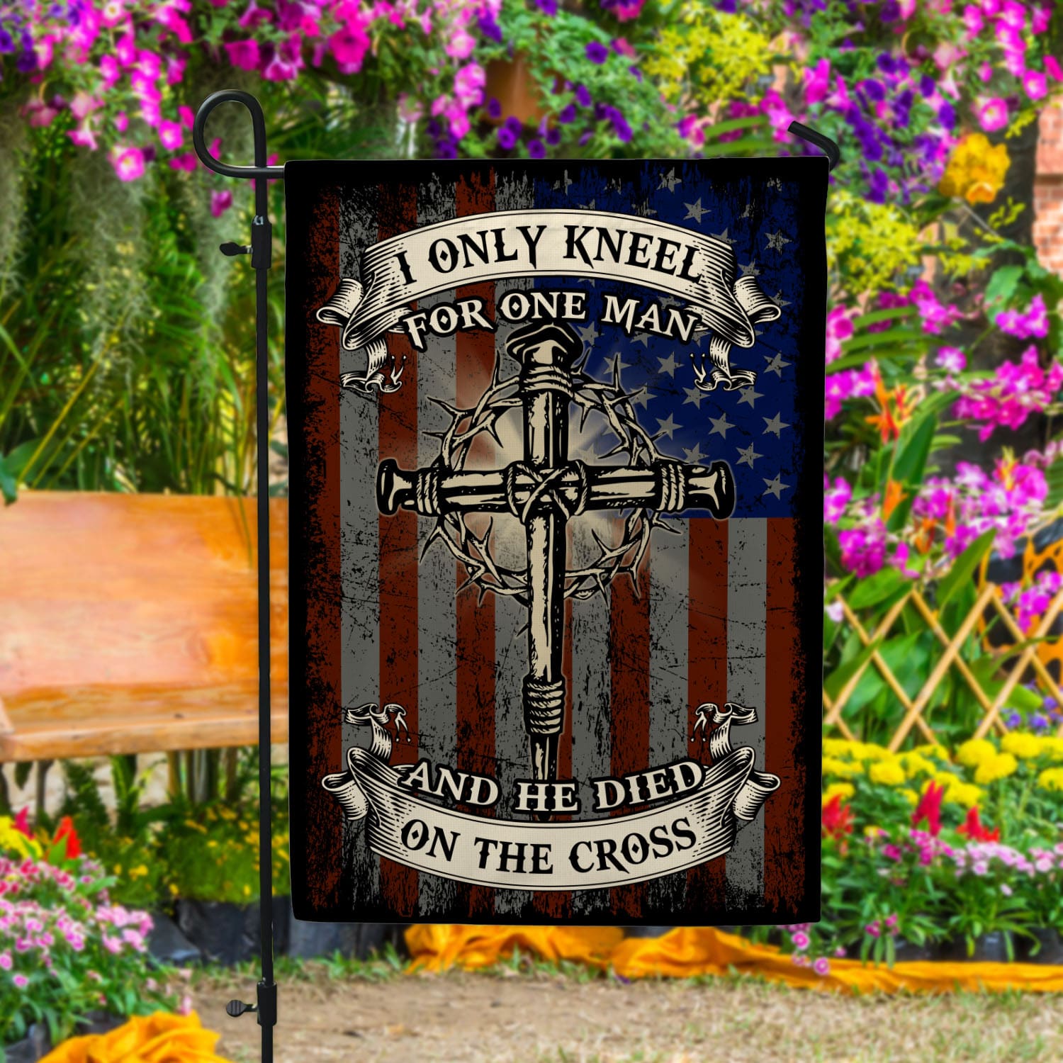 3VT. Only Kneel For One Man Garden Flag Mockup 4