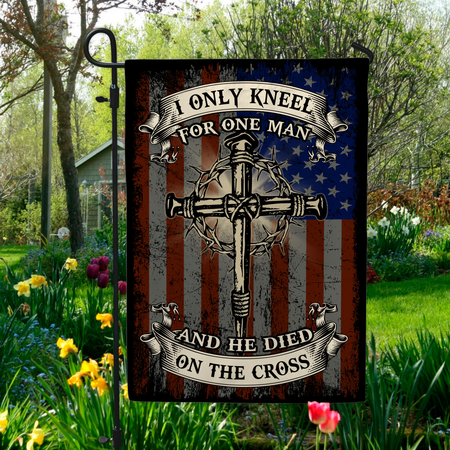 3VT. Only Kneel For One Man Garden Flag Mockup 5