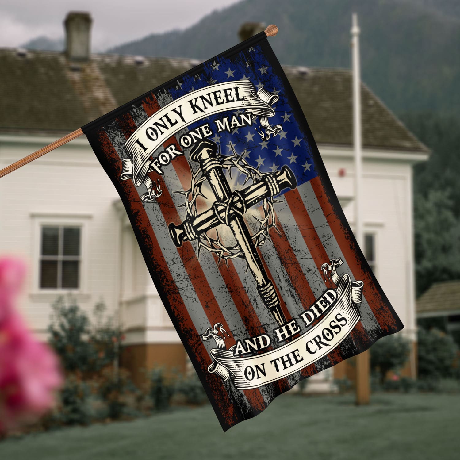 3VT. Only Kneel For One Man House Flag Mockup 4