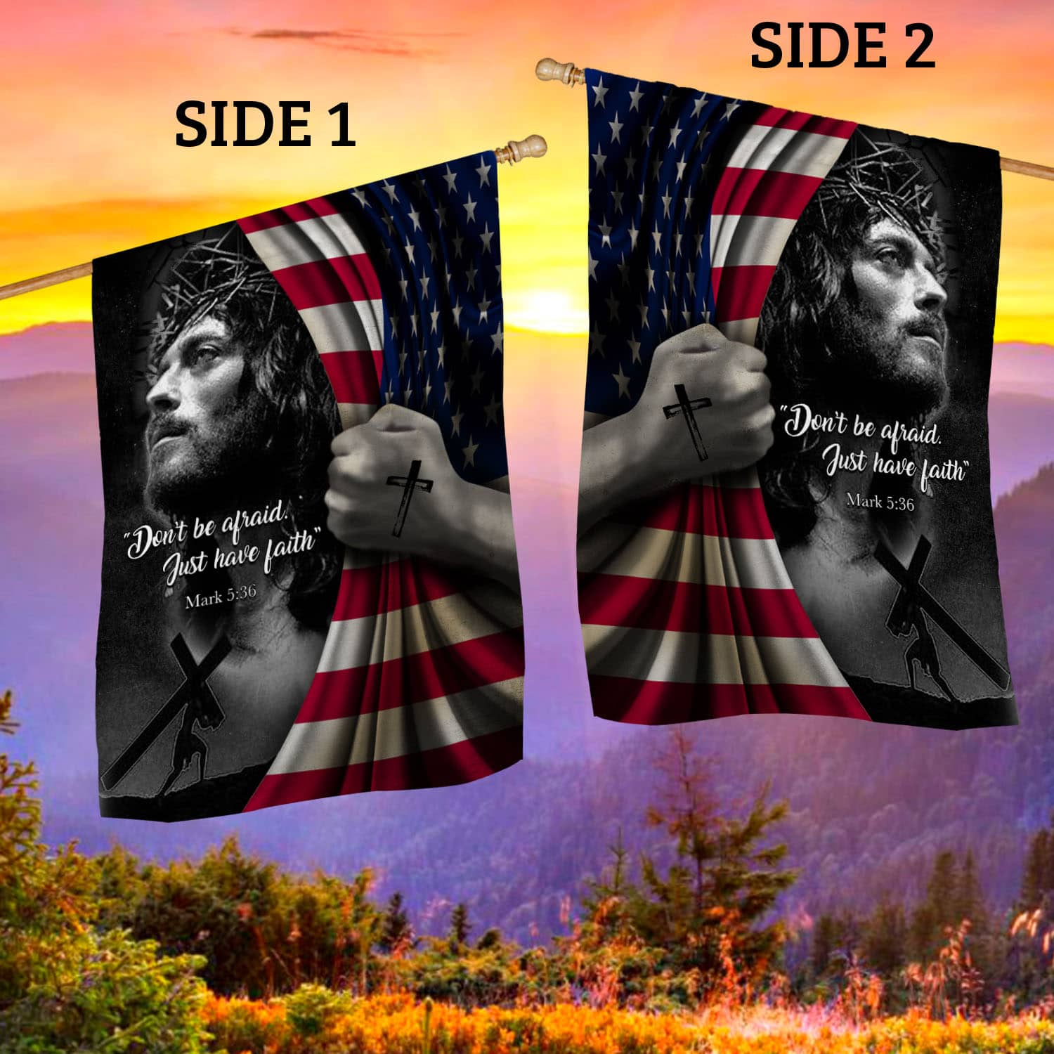 10VT. Jesus Don't Be Afraid House Flag Mockup 2 Side