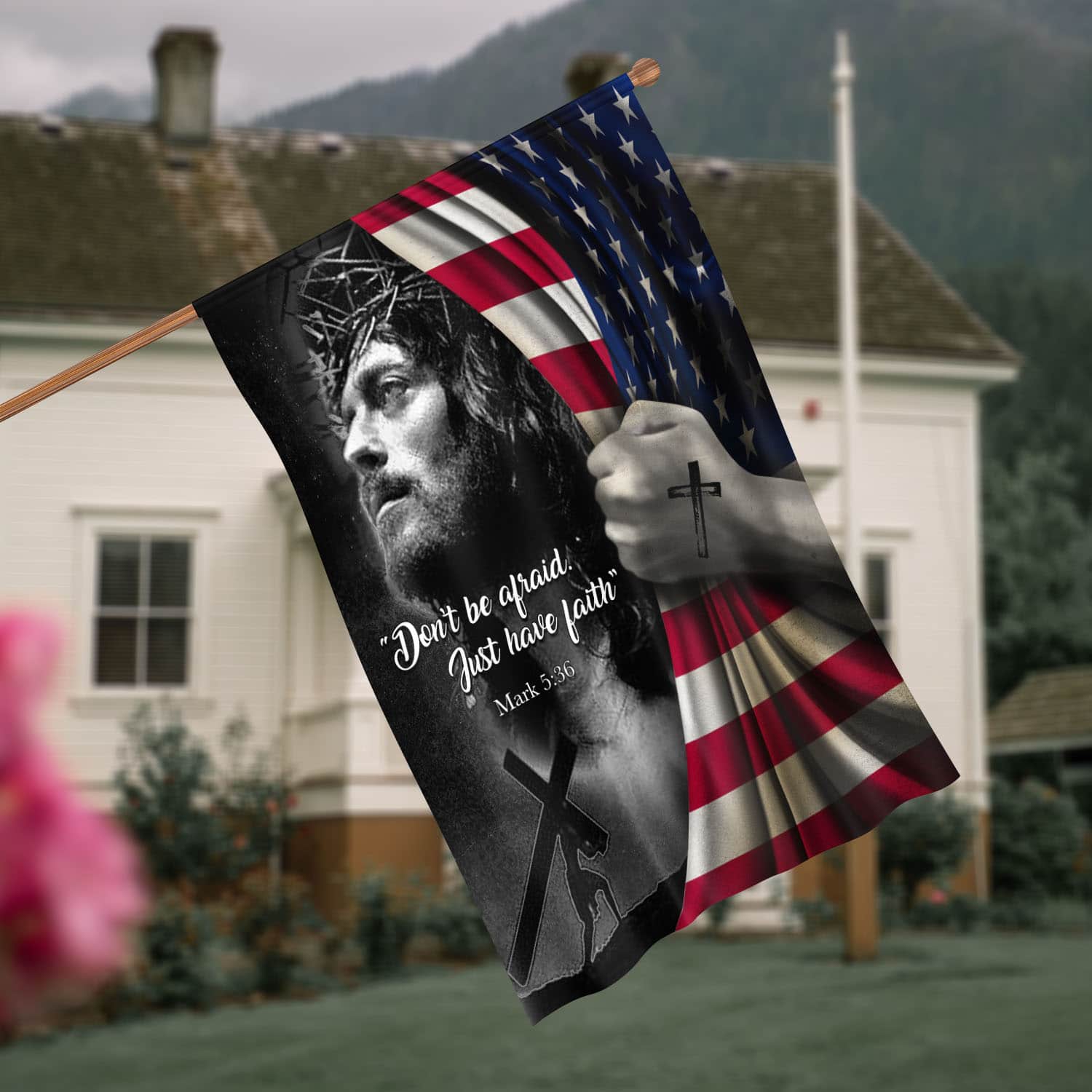 10VT. Jesus Don't Be Afraid House Flag Mockup 4