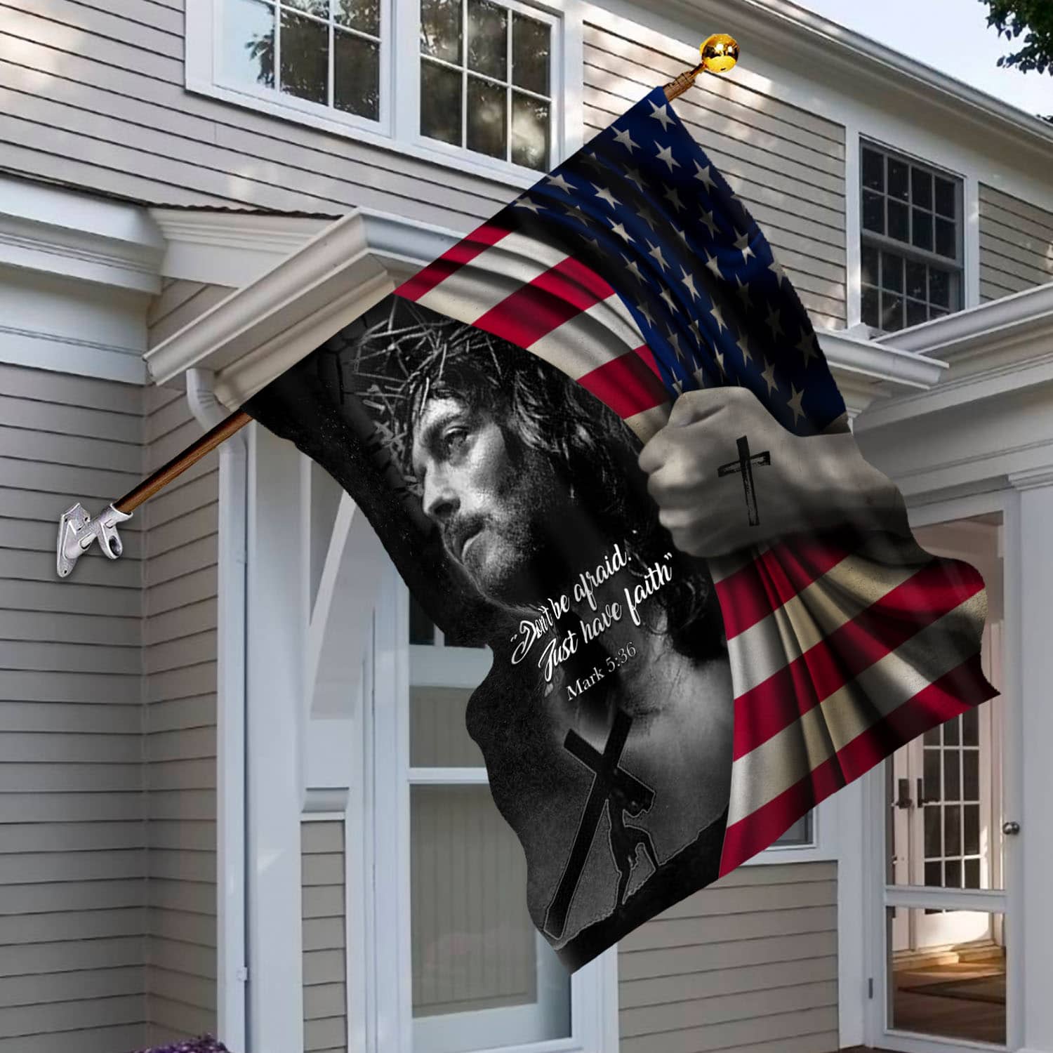10VT. Jesus Don't Be Afraid House Flag Mockup 6