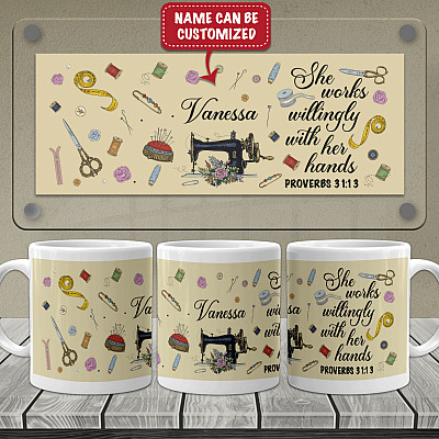 Alternative view of Personalized Tailor She Works Willingly with Her Hands Ceramic Coffee Mug - Color Changing Mug