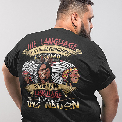 Alternative view of The Language They Were Forbidden To Speak Native American Print On Back T-shirt - V-neck Tee