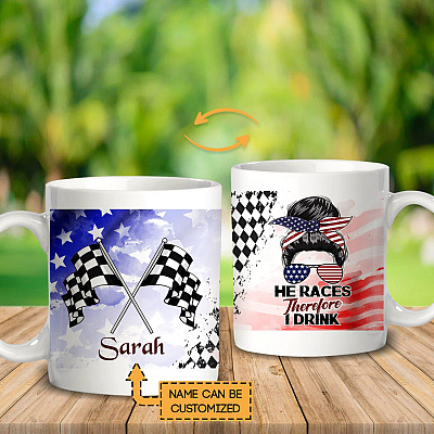 Alternative view of Personalized He Races Therefore I Drink Double-Sided Ceramic Coffee Mug - Beer Stein - Water Bottle