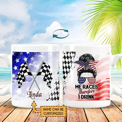 Personalized He Races Therefore I Drink Double-Sided Ceramic Coffee Mug - Beer Stein - Water Bottle