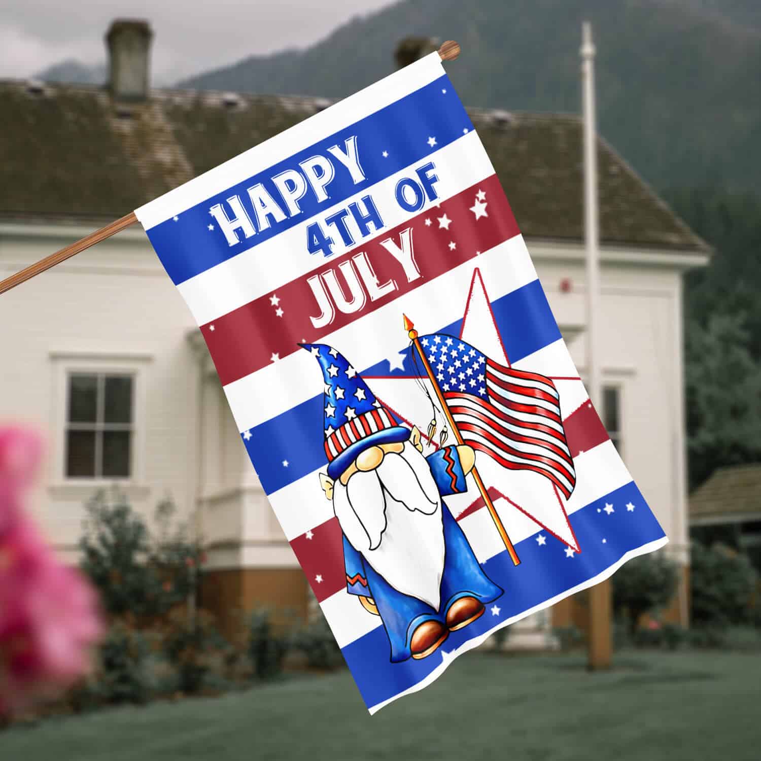 2HV. Gnome Flag (4) House Flag Mockup 4