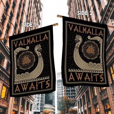 Alternative view of Viking Warship Valhalla Awaits Garden Flag - Until Valhalla House Flag - Nordic Norsemen Vikings Flag