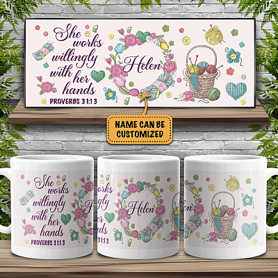 Alternative view of Personalized Knitter She Works Willingly with Her Hands Ceramic Coffee Mug - Color Changing Mug