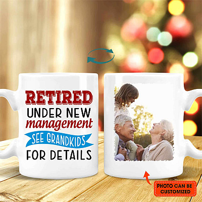 Alternative view of Personalized Photo Retired Under New Management See Grandkids For Details Double-Sided Ceramic Coffee Mug
