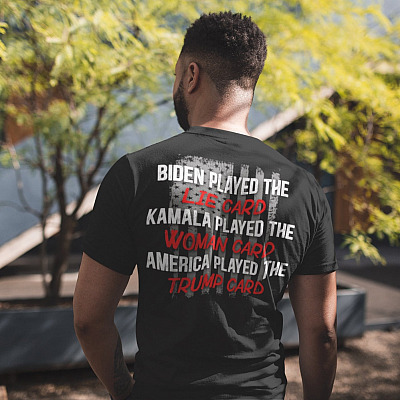 Alternative view of Biden Played the Lied Card America Played the Trump Card Print On Back T-Shirt - Trump Supporter American Flag Shirt