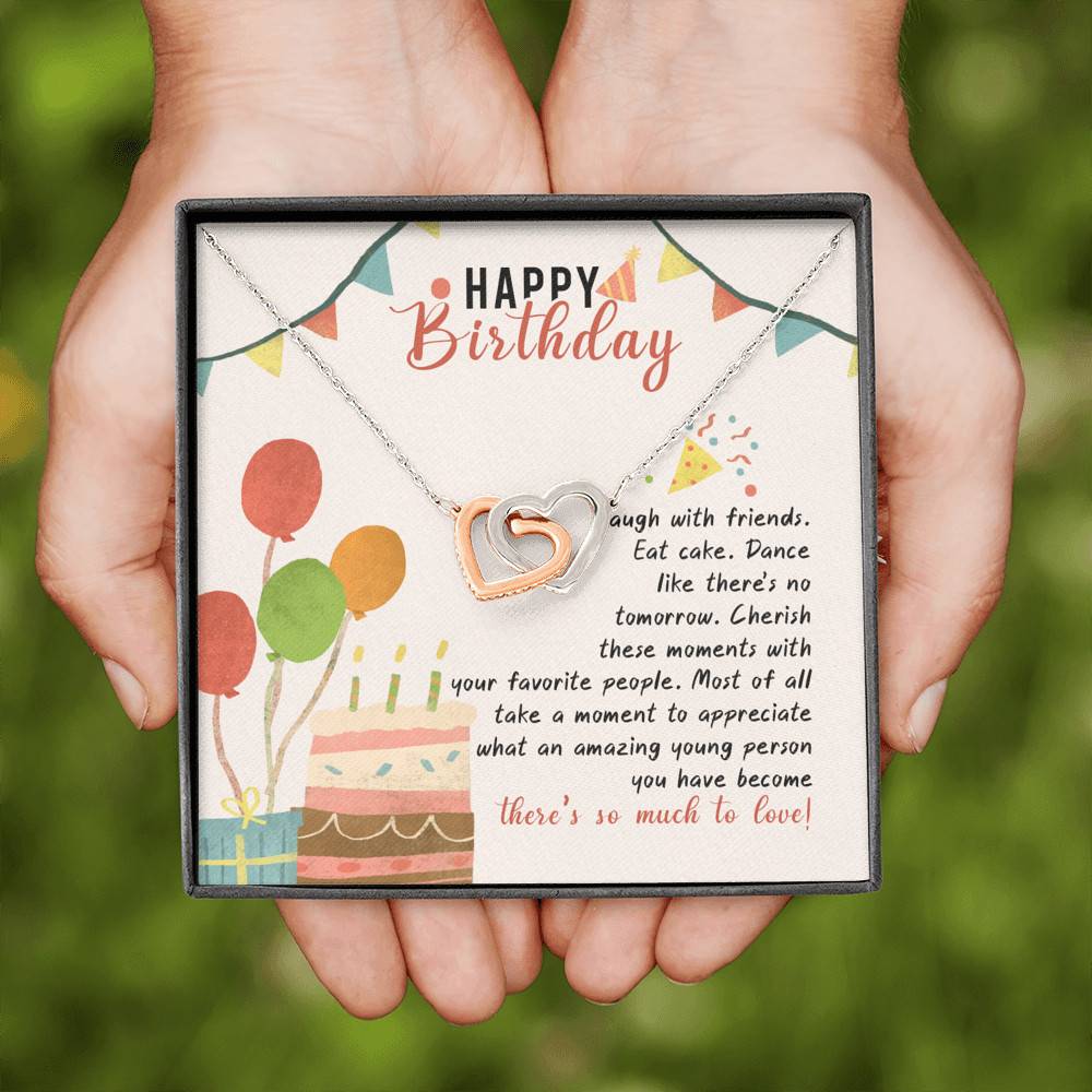 Happy Birthday Laugh With Friends Eat Cake There's So Much To Love Interlocking Hearts Pendant Necklace