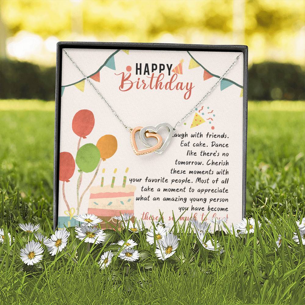 Happy Birthday Laugh With Friends Eat Cake There's So Much To Love Interlocking Hearts Pendant Necklace
