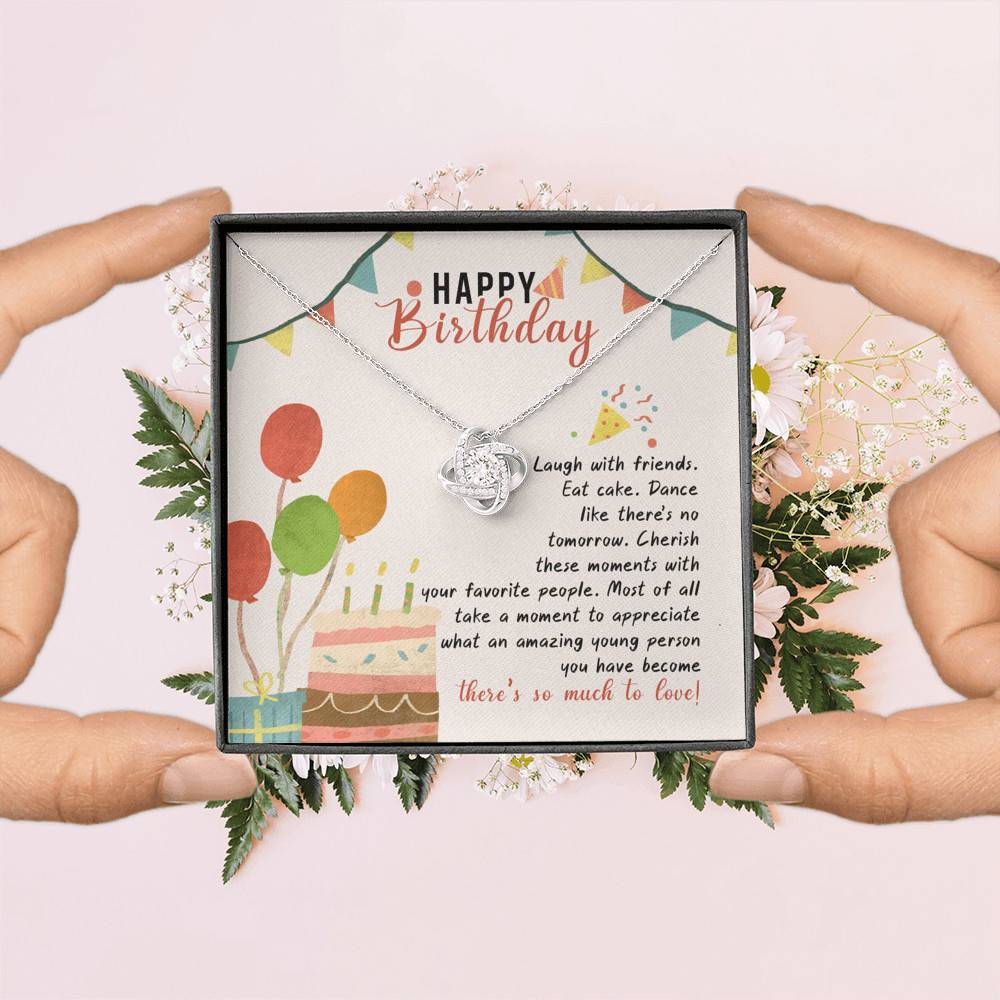 Happy Birthday Laugh With Friends Eat Cake There's So Much To Love Love Knot Necklace - Birthday Gift For Her Happy Birthday Laugh With Friends Eat Cake There's So Much To Love Love Knot Necklace - Birthday Gift For Her