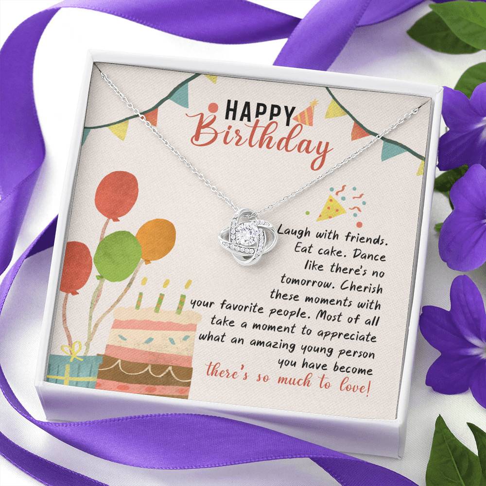 Happy Birthday Laugh With Friends Eat Cake There's So Much To Love Love Knot Necklace - Birthday Gift For Her Happy Birthday Laugh With Friends Eat Cake There's So Much To Love Love Knot Necklace - Birthday Gift For Her