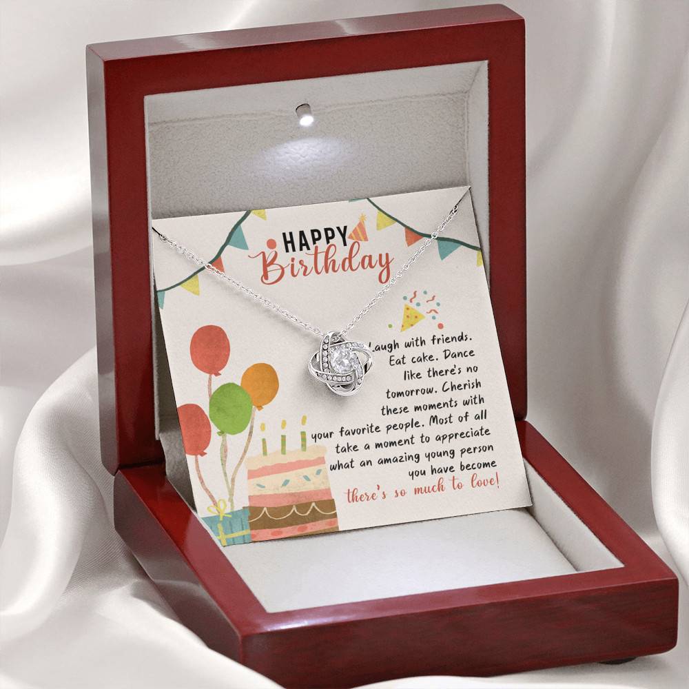 Happy Birthday Laugh With Friends Eat Cake There's So Much To Love Love Knot Necklace - Birthday Gift For Her Happy Birthday Laugh With Friends Eat Cake There's So Much To Love Love Knot Necklace - Birthday Gift For Her