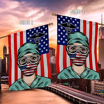 Alternative view of Nurse American Flag Caduceus Garden Flag - Nurse Hero House Flag - Wall Flag