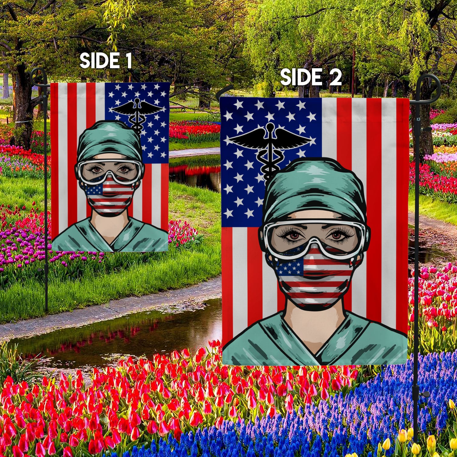 30 HG UU TIEN. Nurse American 1 Garden Flag Mockup 2 Side-2